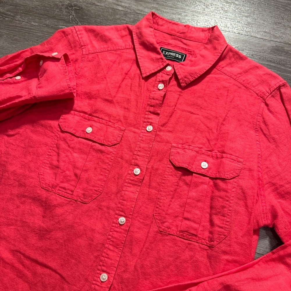 Express Shirt Womens Medium Pink Linen‎ Blend Button Western Pocket Long Sleeve